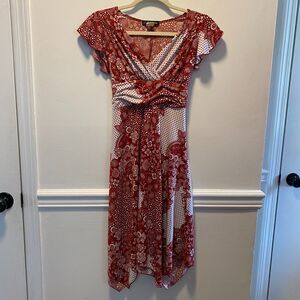 Volume One Juniors Red Floral Polka Dot Handkerchief Hem Dress Y2K Size S